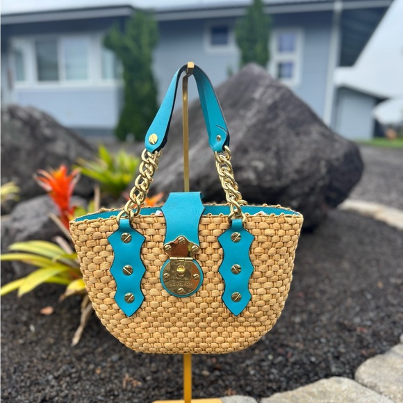 MICHAEL Michael Kors Handbags - Michael Kors Straw Woven Tote Bag Turquoise Leather Gold Chain Small Summer Bag